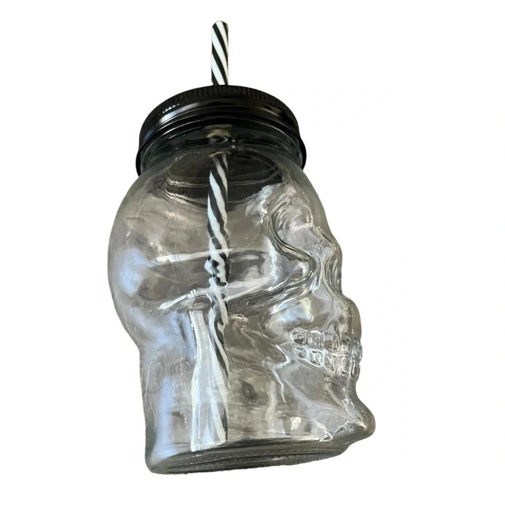 Spooky Sipping Skull Mason Jar Mug Glass Tumblers Cover & Straw Halloween Decor